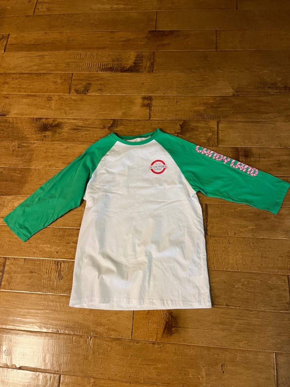 Scooter’s Coffee Candy Land 3/4 sleeve graphic crew neck t-shit size medium